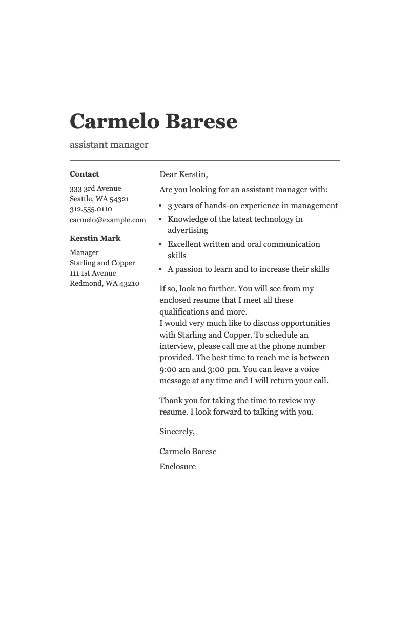 Basic modern cover letter - Modern two-column cover letter template for professionals targeting management roles.